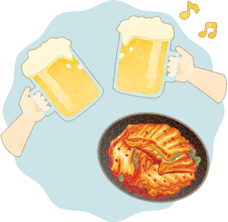 初めにビールとキムチ盛り合わせのオーダーがくる